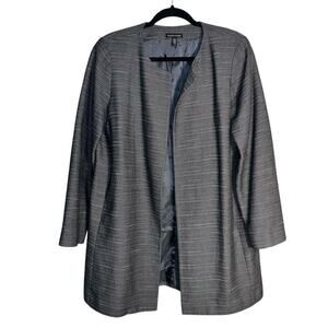 Eileen Fisher Grey/Black Herringbone Collarless Open Front Long Jacket Size M